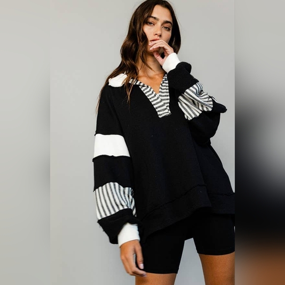Black/ivory French Terry Color-block Collared Pullover Loose Fit Top - Picture 1 of 3
